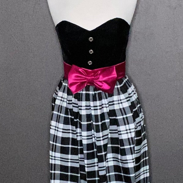 1980s Vintage Strapless Formal Tuxedo Gown with Pink Satin Bow Positively Ellyn 80s Prom Dress Black and White Checked Gown with Pink Bow