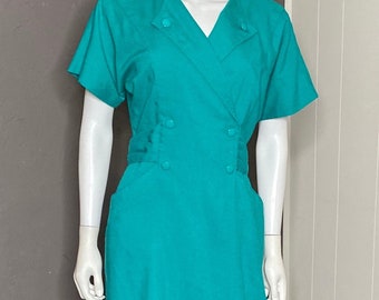 Teal Green secretarisjurk uit de jaren 70, linnenmix van Damon, maat 2, medium