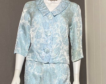 1950’s Baby Blue Floral Jacquard Suit Floral Satin Skirt Set Size Small-Medium