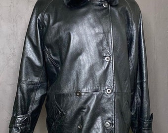 90's-00's Black Leather Pea Coat With Faux Fur Collar + Removable liner by Wilson's size L