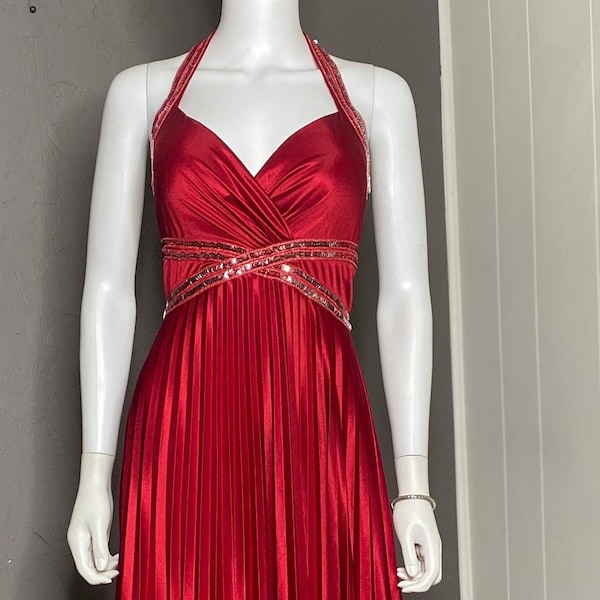 1990's Red Satin Pleated Maxi Gown size M/L 90's does 70's Disco Prom