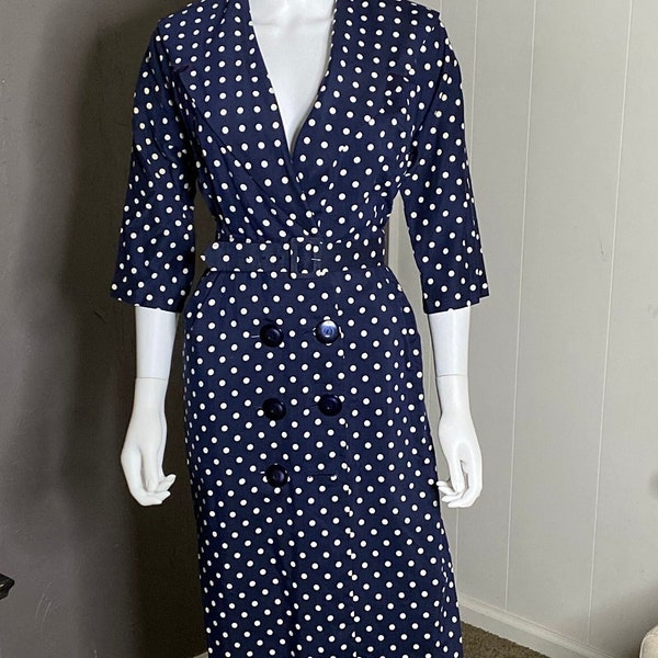 1940s Navy Polka Dot House Coat Dress with Belt size 8/10 Blue and White Polka Dot Dress with Burgundy lined Skirt