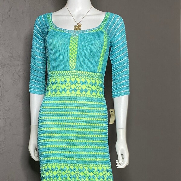 1990’s ABS Allen Schwartz Bohemian Blue Crochet Dress size Medium Deadstock New With Tags