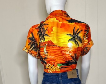 Vintage Hawaiian Short Sleeve Shirt Orange Tropical Sunset size M