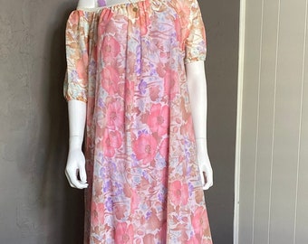 1960s Pink Mesh Floral Mumu Nightgown Mrs. Roper Dress size M-XL