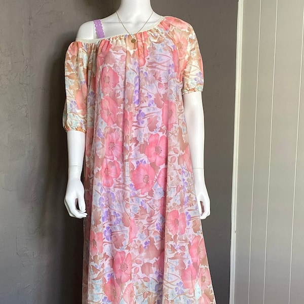 1960s Pink Mesh Floral Mumu Nightgown Mrs. Roper Dress size M-XL