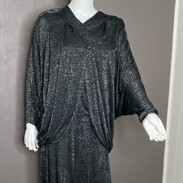 1980’s Black Glitter Dress and Kimono Vintage Stretch Blouson dress + Kimono Jacket Studio 54 Disco Black and Silver Sparkling Set fits S-XL