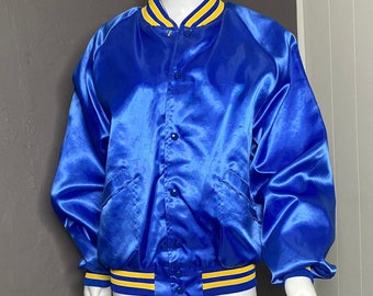 1980’s Blue and Gold Satin Bomber Jacket by Pro Fit size L American Legion Auxiliary Post 121 Waco, Texas Satin Bomber