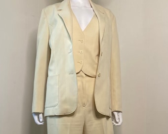 60s-70s Pale Yellow Partners 3 Piece Suit Unisex Vintage 70s Blazer, Vest and Slacks size S/M