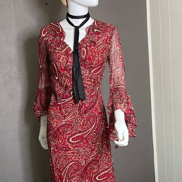 1990's Paisley Silk Chiffon dress with Bell Sleeves by Express size 5/6 Bonnie and Clyde Paisley Ruffled 100% Silk Chiffon Dress size Small