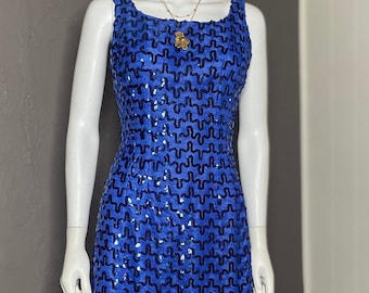 1960's Vintage Blue Sequin Mini Tank Dress by Sylvia Ann MOD Party Dress size Small