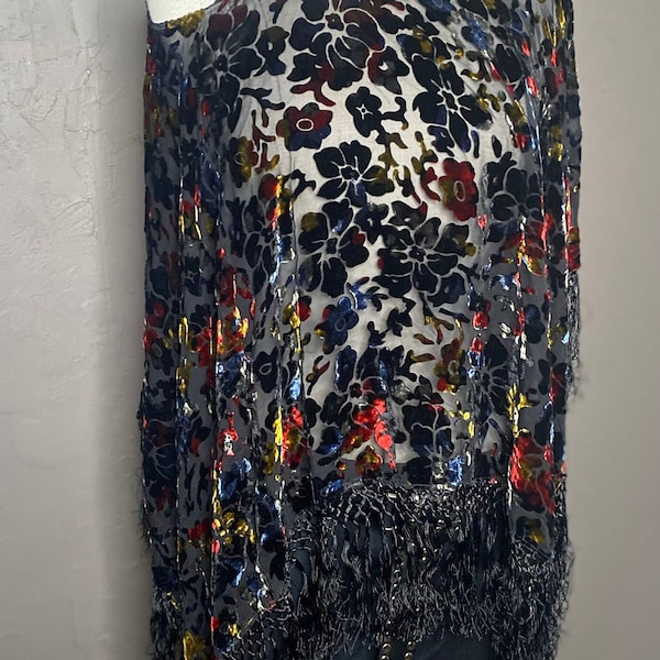 Vintage 1930's Floral Velvet Burnout Piano Shawl Black + Multi Color Shall Turned Poncho