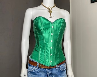 Emerald Green Satin Corset size XXS-S Green Conical Back Lace Corset Front hook Corset