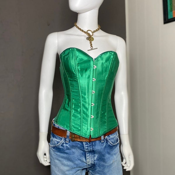 Emerald Green Satin Corset size XXS-S Green Conical Back Lace Corset Front hook Corset
