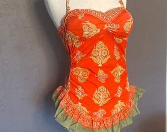1940s Vintage Hawaiian Bathing Suit Ruffled + Ruchedm40's Pinup One Piece Bathing Suit