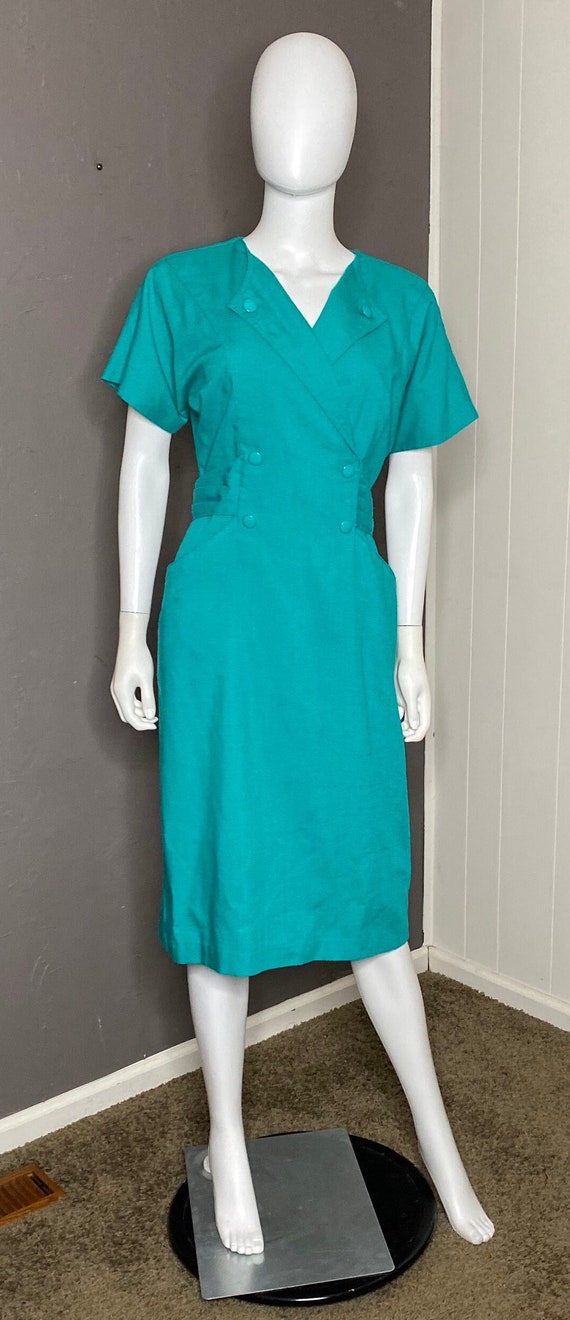 1970’s Teal Green Secretary Dress Linen Blend from