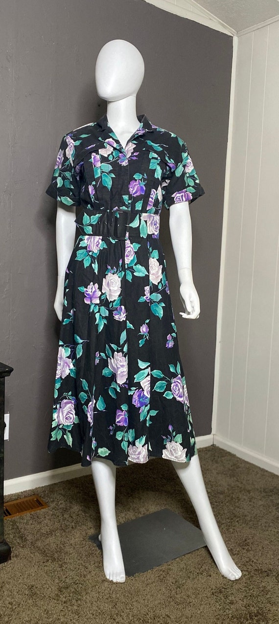 80s does 40s Black and Purple Belted Floral Dress 