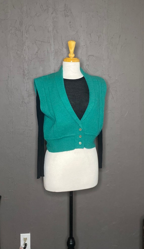 80s Cropped Sweater Vest Teal Green Boxy Vest 80s… - image 7