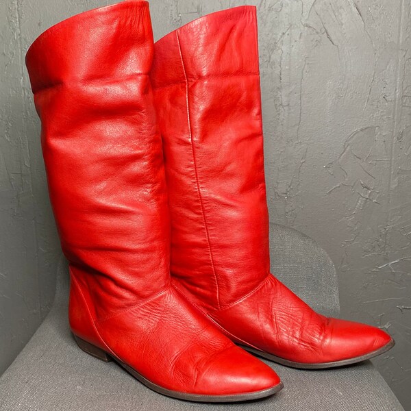 1980’s Vintage Red Leather Boots size 7.5 Women’s Mid-Calf Almond Toe