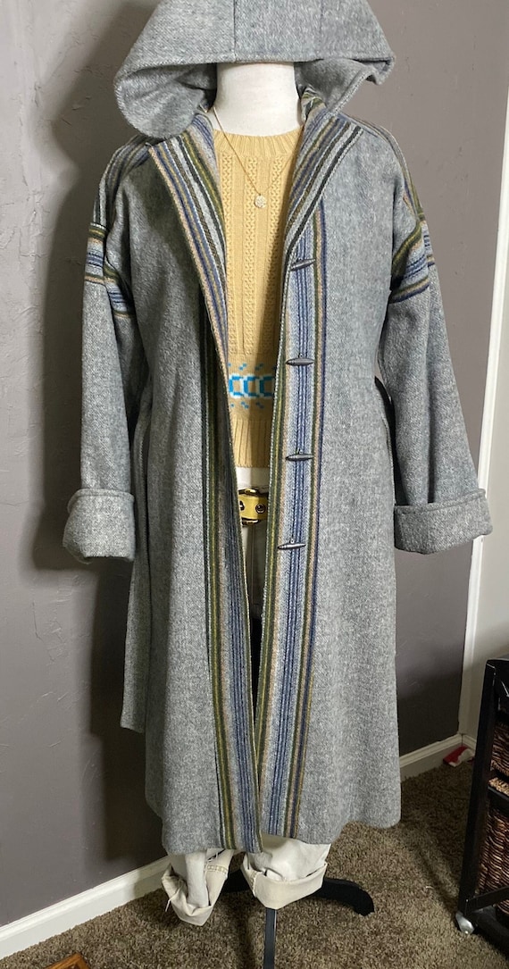 Vintage 1970s Hooded Maxi Coat Gray Wool Belted Ma