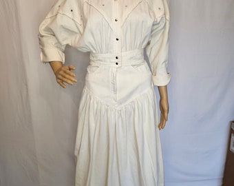 1980 Ivory White Denim Dress Vintage 1980s White Ankle Length Denim Jean Dress Size 4 Small with Pockets