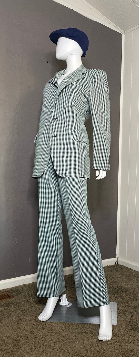 1970s Plaid Men's Suit Green x Navy Checked Polyes