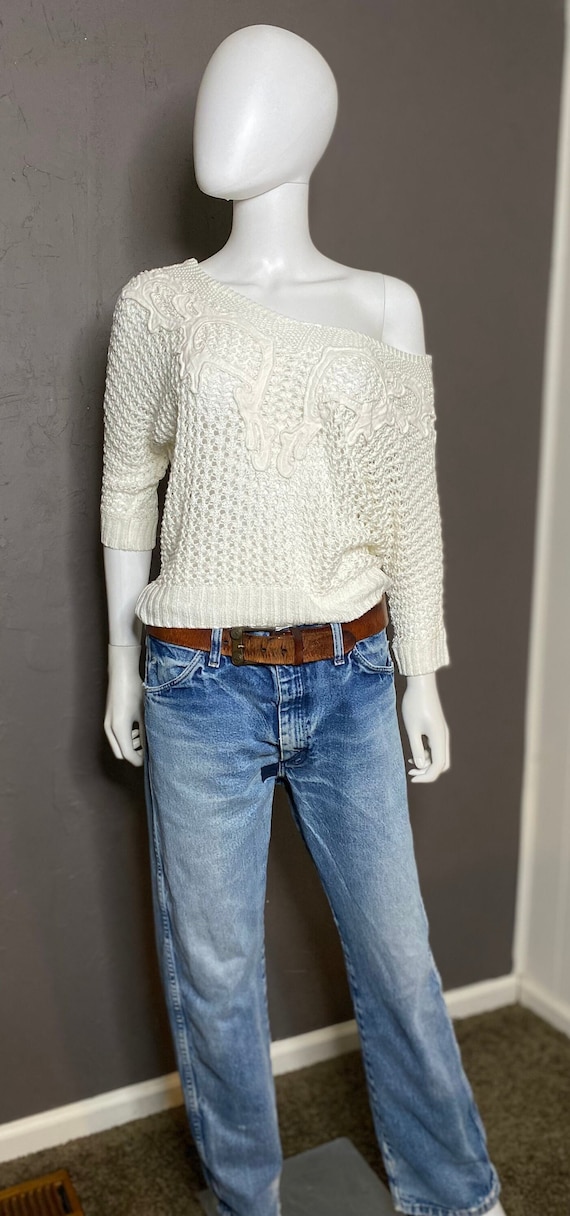 Vintage White Crochet Knit Sweater by Dex size S/M