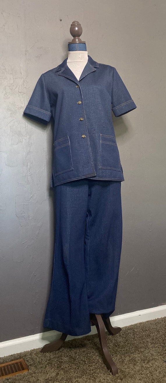 1970s Leisure Suit Blue Short Sleeve Button Up and