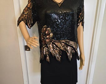 Schwarze und goldene Paillettenbluse aus Seide im Stil der 1980er Jahre mit Blumenmuster, Party-Top, Größe M
