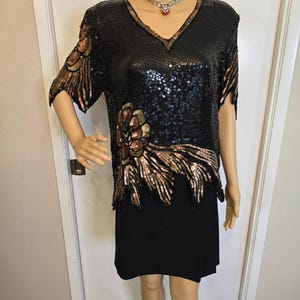 1980s Black and Gold Silk Sequin Floral Blouse Party Top Size Medium