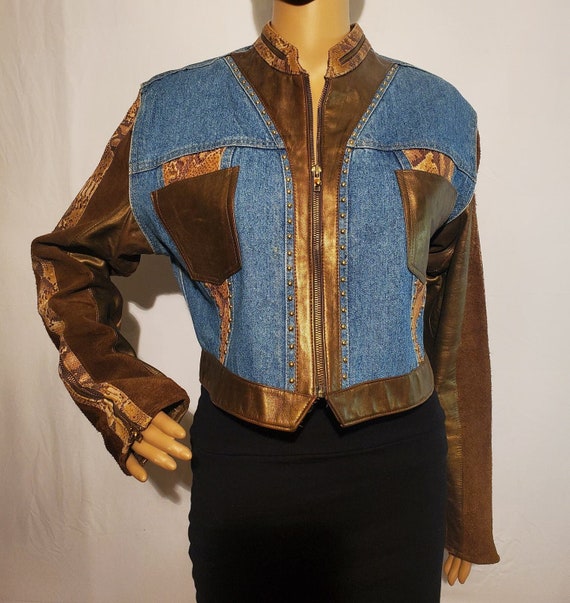 90s Denim Jean Jacket Medium Snakeskin Suede Women