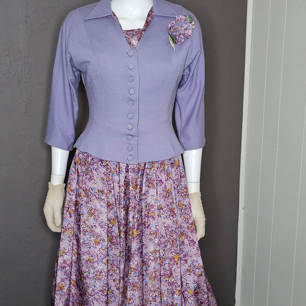 1940s 1950s  Fit and Flare Dress and Jacket Set Purple Floral Lavender