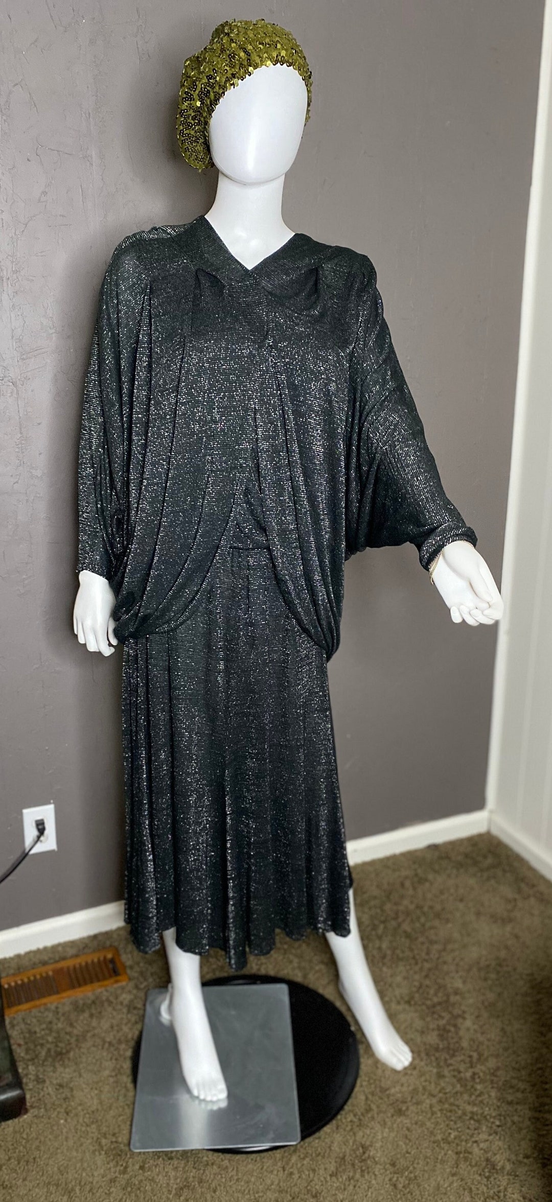 1980s Black Glitter Dress and Kimono Vintage Stretch Blouson Dress