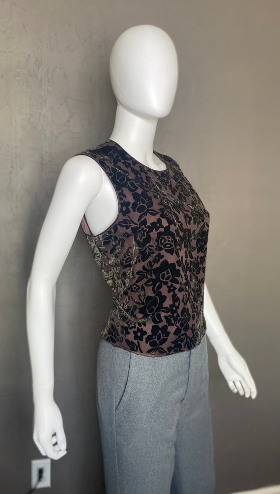 1990's Vintage Velvet Burnout Floral Top Brown Fl… - image 4