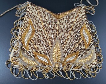 La Regale Ltd Gold & Brown Beaded Snap Lock Evening Purse Flapper Vintage Glam Great Gatsby