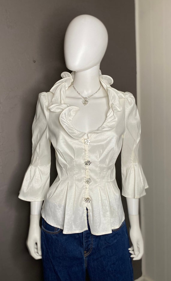 00’s White Ruffle Evening Blouse with Rhinestone B