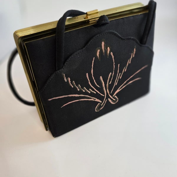 Vintage 1920s to 1940s Art Deco Handbag Purse Black and Gold Floral Design