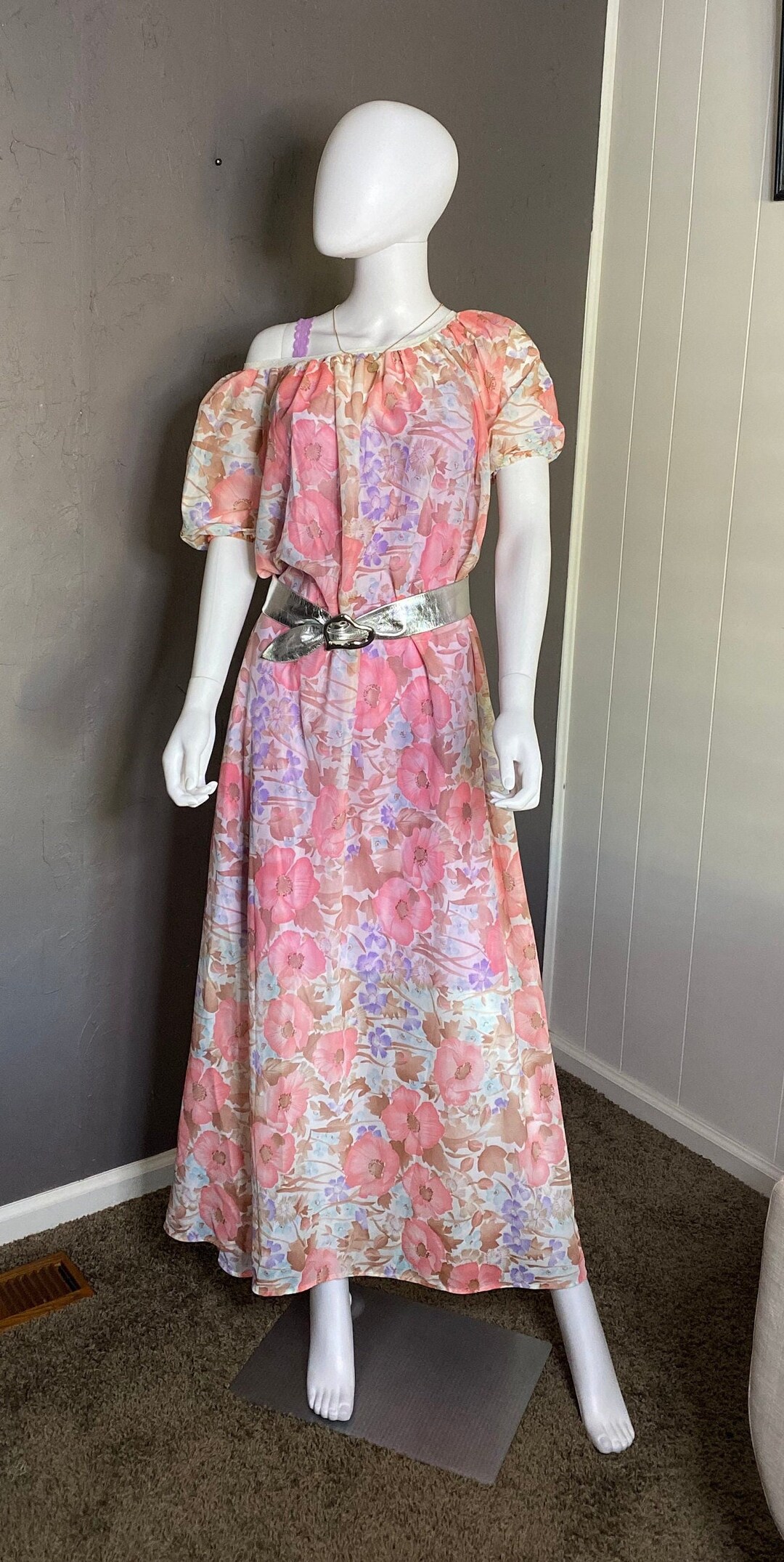 Vintage 1960s Mesh Floral Mumu Nightgown Mrs. Roper Dress Size Etsy