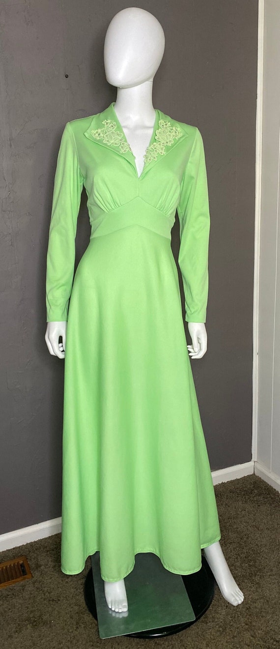 1960’s Lime Green Maxi Dress with Embroidered Lac… - image 1