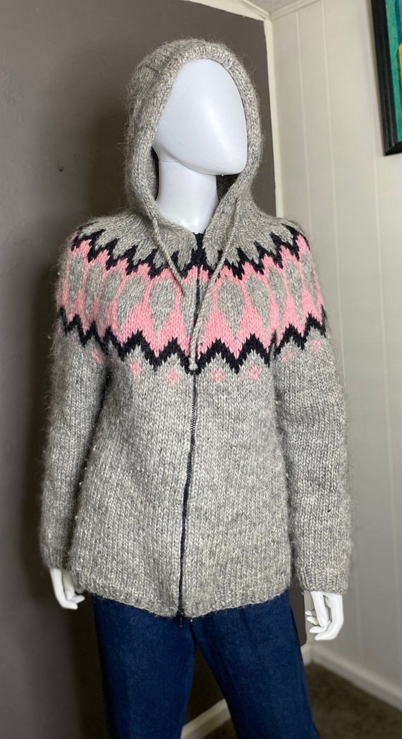 Vintage Chunky Hand Knit Fair Isle Hoodie Gray Woo