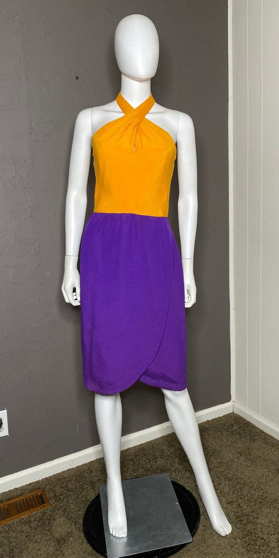 1990’s Purple and Orange Color Blocked Halter Dres