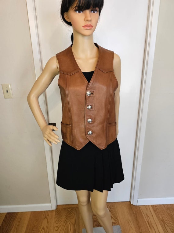 Vintage 1960s 1970s or 1980s Brown Leather Vest wi