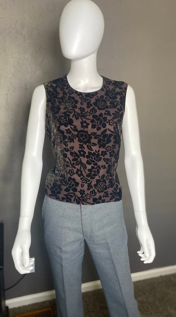 1990's Vintage Velvet Burnout Floral Top Brown Fl… - image 3