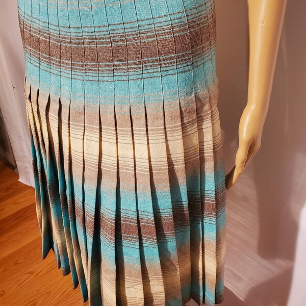 1950s Pendleton Turnabout Wool Plaid Pleated Skirt Reversible Size XS Small Teal/Turquoise Ivory and Grey Below the Knee