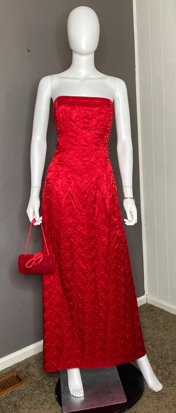 1990's Strapless Red Satin Embroidered Gown from J