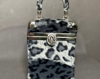 Vintage COMECO Mini Train Case Bag Faux Fur Black Leopard Silver hardware