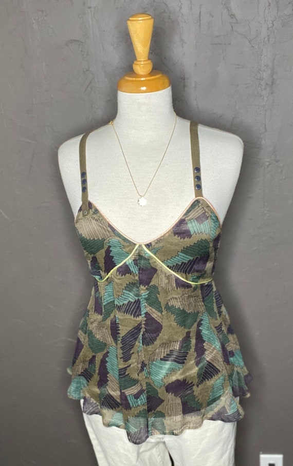 DIESEL Y2K Olive Green Silk Tank with Harness Ring