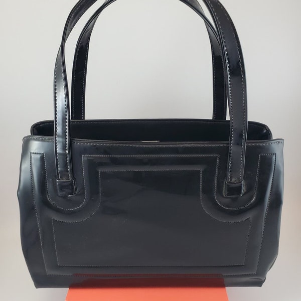 60s Black Purse 3 Compartment Handle Bag Shoulder Bag Vintage Vinyl Faux Patent Leather