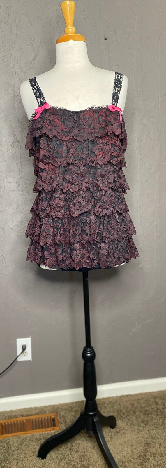 1960’s Deadstock Black and Pink Ruffled Lace Rompe