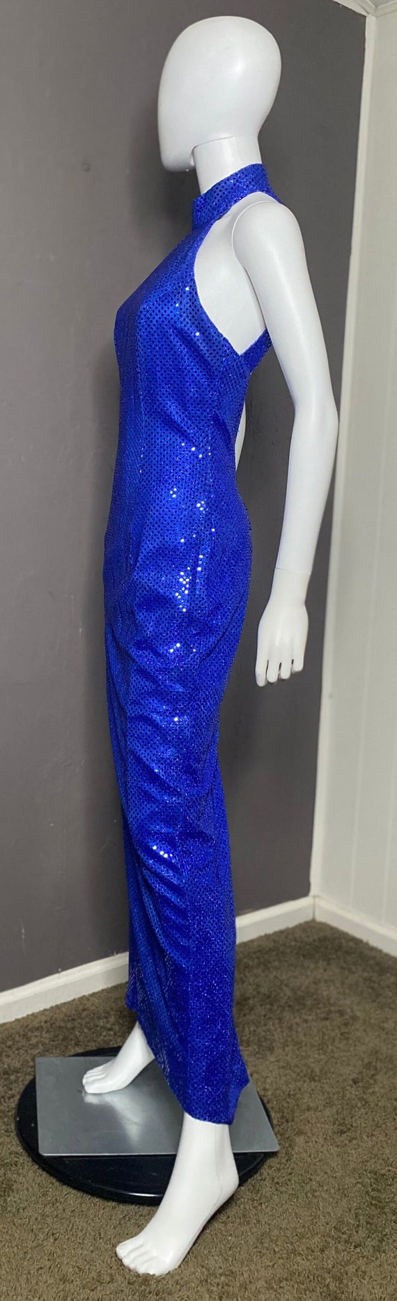 1980’s Vintage Blue Sequined Column Dress with Ha… - image 4